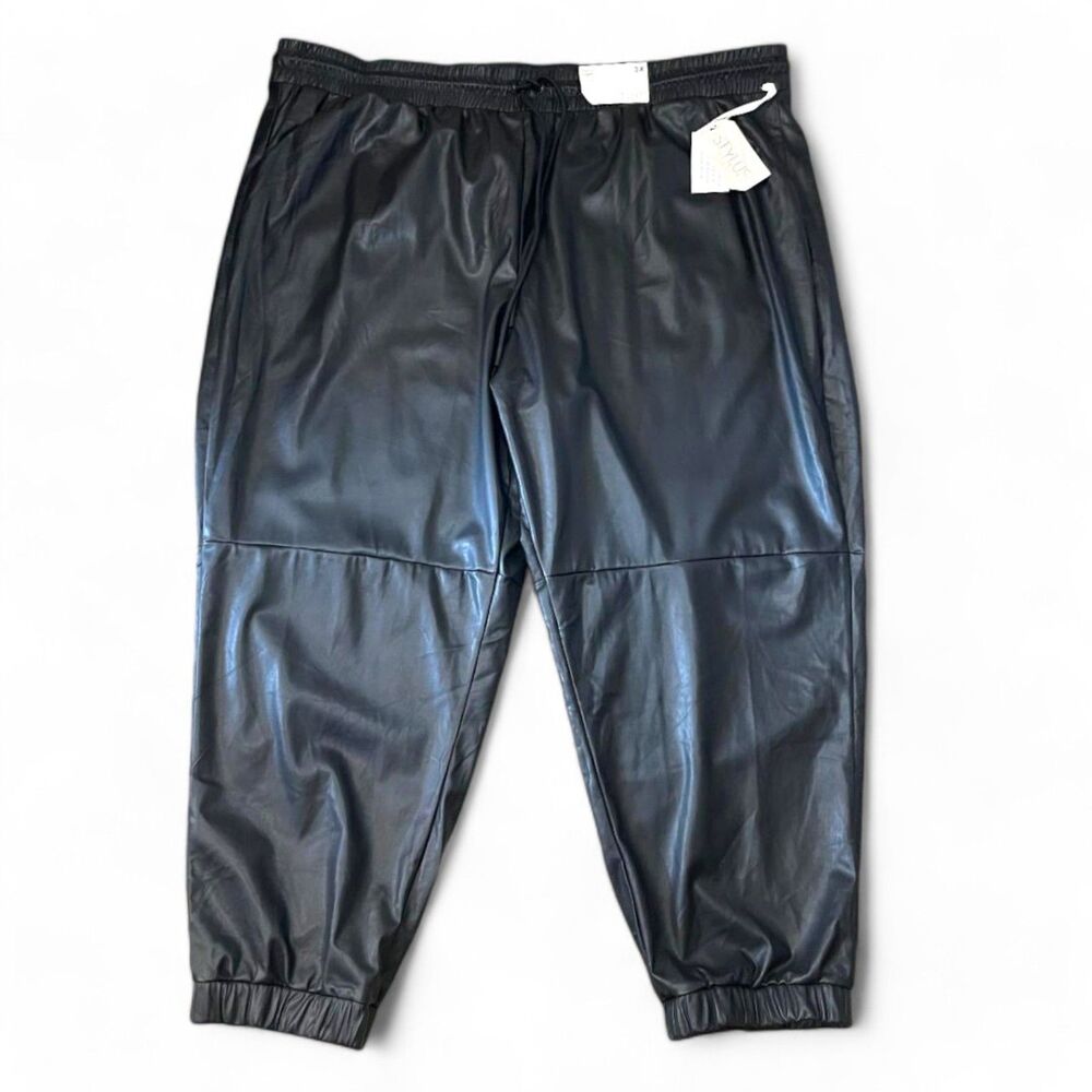 STYLUS Vegan Leather Womens Elastic Waist Black Jogger Pant, NWT. Size 3X